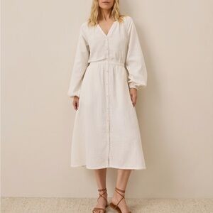 Pact Coastal Double Gauze Poet Sleeve Dress Sea Salt White
